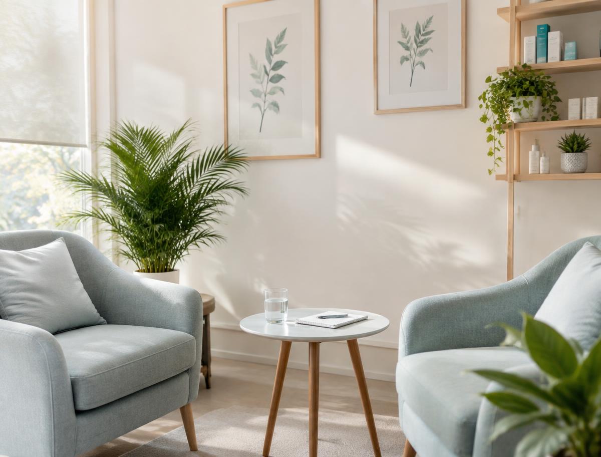 A quiet consultation corner with two soft armchairs and a small table in warm daylight