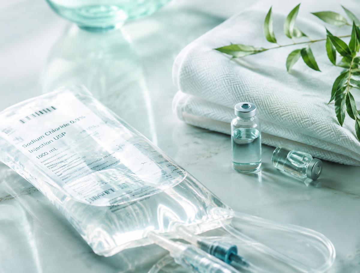 Clear IV infusion bag, glass vials and a folded white towel on a pale stone surface